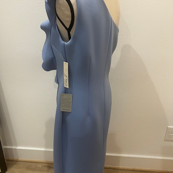 Sleeveless scuba sheath dress with ruffle detail at the shoulder by Eliza J. - Picture 5 of 6